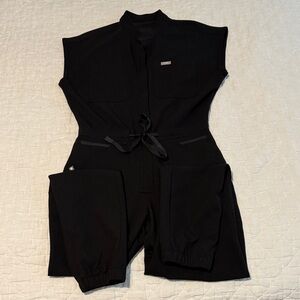 FIGS Jogger Black Short-Sleeve Jumpsuit with Drawstring Waist